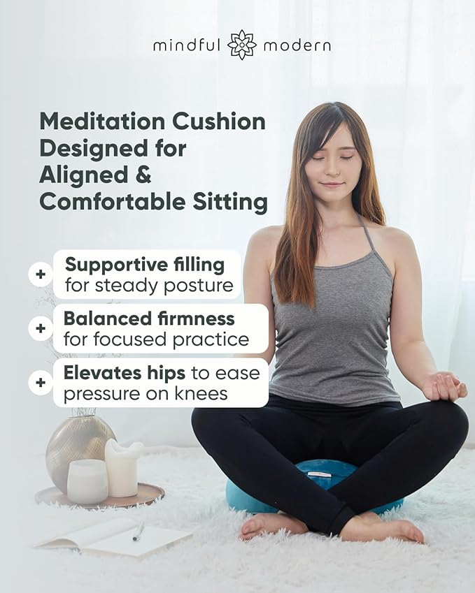 Mindful Modern Velvet Meditation Cushion | Luxe Zafu Yoga Floor Pillow Seat | Posture Support | Buckwheat Hull Filled | Large Round Cushion with Removable Washable Cover + Carry Handle