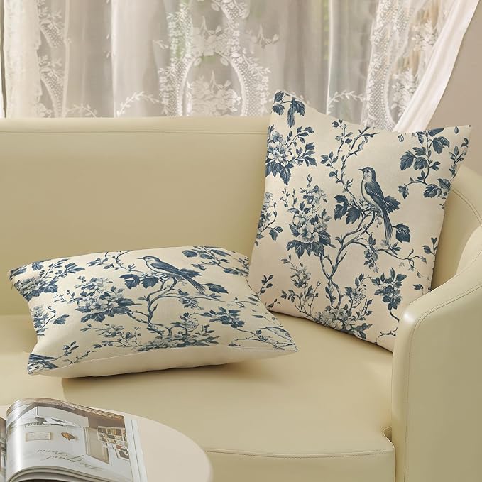 Chinoiserie Pillow Covers 18x18 Inch Set of 2 Blue Floral Bird Throw Pillows Vintage Blue Flower Decorations Pillow Cases Outdoor Chinoiserie Decor Farmhouse Linen Cushion Cover for Couch Home