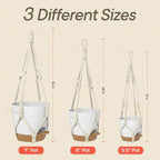 White Hanging Self Watering Pots with Macrame Ivory Rope, 3 Pack Indoor & Outdoor Hanging Plant Pots with Built-in Reservoir, Wick Rope, Drainage Holes & Hooks, Stylish Boho Decor Hanging Planter