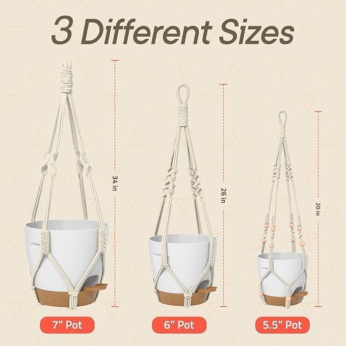 White Hanging Self Watering Pots with Macrame Ivory Rope, 3 Pack Indoor & Outdoor Hanging Plant Pots with Built-in Reservoir, Wick Rope, Drainage Holes & Hooks, Stylish Boho Decor Hanging Planter