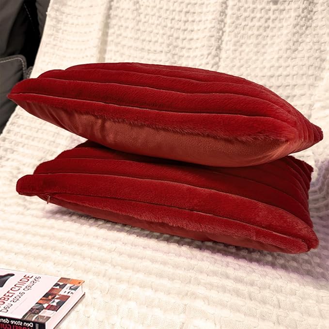 2 Pack 12x20 Pillow Cover Velvet Pillow Covers, Faux Fur Oblong Throw Pillow Covers for Living Room Decorations Throw Pillow Case, Throw Pillow Cover Cushion Cover for Sofa Bedroom Car, Burgundy Red