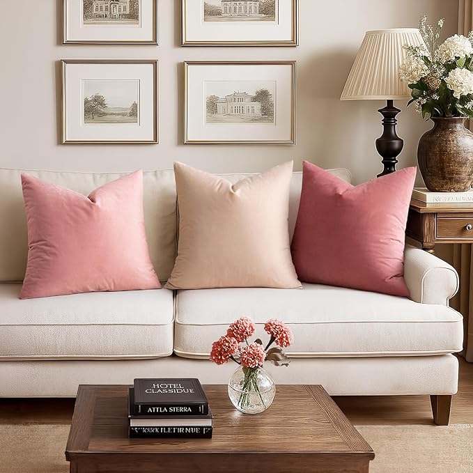 MIULEE 24x24 Inch Euro Sham Velvet Pillow Covers, Set of 2 Large Square Decorative Pillows -Dusty Pink Super Soft for King Bed, Sofa, Couch, Accent Chairs with Hidden Zipper