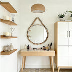 POZINO Wood Beaded Round Mirror, 24" Farmhouse Hanging Rustic Mirrors with Rope, Spherical Frame Rounded Wall Mirror, Boho Circle Mirrors for Bathroom Bedroom Living Room Hallway Entryway Fireplace