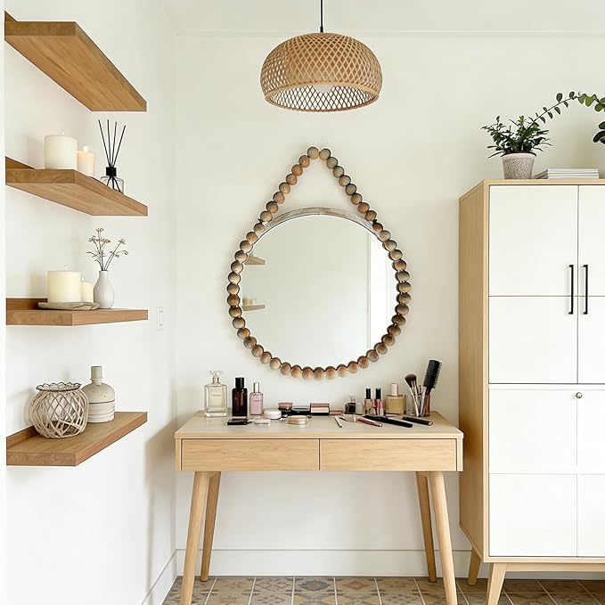 POZINO Wood Beaded Round Mirror, 24" Farmhouse Hanging Rustic Mirrors with Rope, Spherical Frame Rounded Wall Mirror, Boho Circle Mirrors for Bathroom Bedroom Living Room Hallway Entryway Fireplace