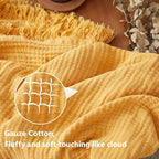 Simple&Opulence Cotton Muslin Throw Blanket for Bed, Couch, Knit Woven Gauze Blanket with Tassels, Soft Lightweight Cozy Pre-Washed Breathable Farmhouse Decoration for All-Season (Yellow)