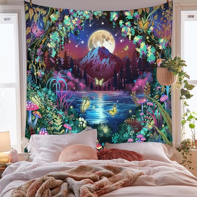 Jhdstore Blacklight Fantasy Forest Tapestry for Bedroom UV Reactive Tapestry Glow in the Dark Wall Tapestries Wall Hanging Galaxy Space Blacklight Posters for Bedroom Living Room Decor 60”x80”