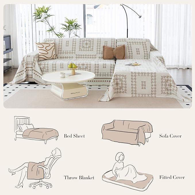 Houndstooth Couch Cover Blanket, Couch Blanket Cover, Boho Couch Cover, Chenille Sofa Covers Washable, Large Couch Covers for 2-3 Cushion Sofa(1pc/Khaki/71×118")
