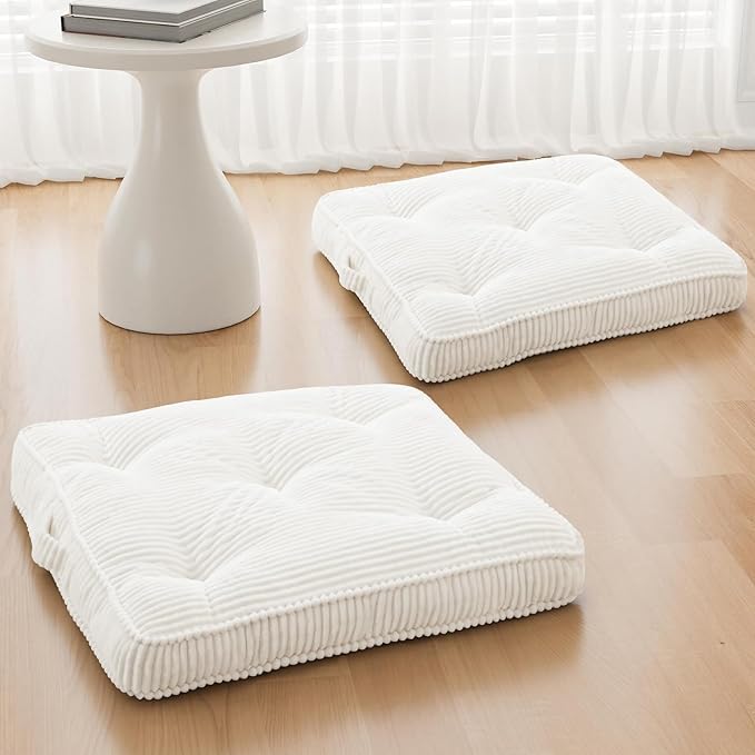 Floor Pillow Set of 2, 22x22 Tufted Floor Cushion for Adults, Square Large Meditation Cushion Pillow, Corduroy Sitting Pillow with Handle, Yoga Seating for Tatami, Beige