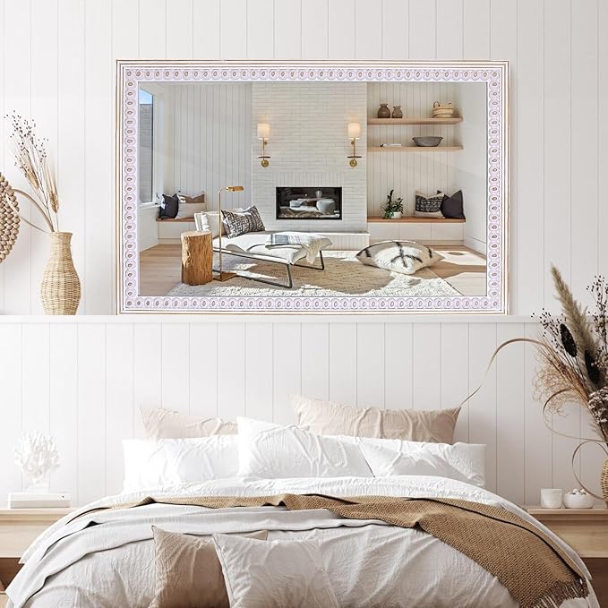 35x23 Incehs Boho Wooden Rectangle Mirror for Wall Decor, Rustic Farmhouse Decorative Mirrors for Bathroom Over Sink, Bedroom, Living Room, Entryway - Vertical/Horizontal Hanging