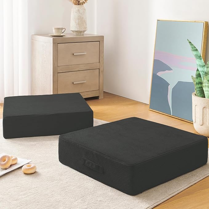 Wellsin Solid Square Floor Pillows for Adults Kids - Large Meditation Floor Pillow Seating Cushion with Thick Foam & Washable Velvet Cover, 2 Pack, 22x22x5 Inch, Gray