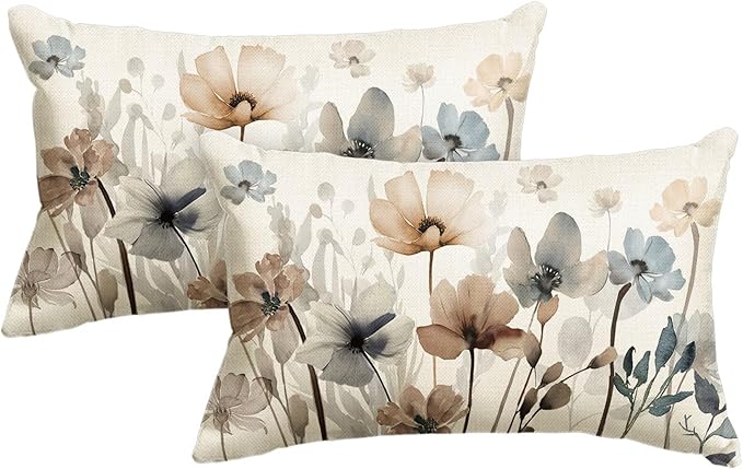 AVOIN colorlife Poppy Flowers Chinoiserie Throw Pillow Covers, 12 x 20 Inch Seasonal Fall Leaves Cushion Case Decoration for Sofa Couch Set of 2