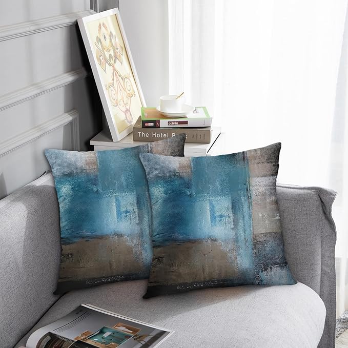 Britimes Throw Pillow Covers Modern Home Art Decor, 16 x 16 Inches Set of 2 Pillow Cases Decorative, Abstract Oil Painting Pillowcases for Bedroom, Living Room, Cushion Couch Sofa, Teal Grey