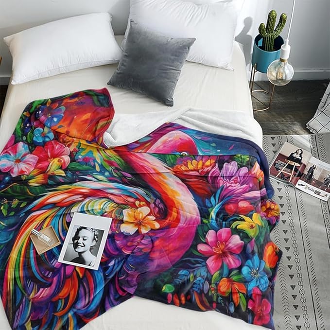 Flamingo Bird Fleece Blanket Tropical Pink Flamingos Palm Leaves Flowers Lightweight Ultra-Soft Throw Blanket for Sofa Couch Bed Camping Travel Super Soft Cozy Microfiber Blanket 50"x60"