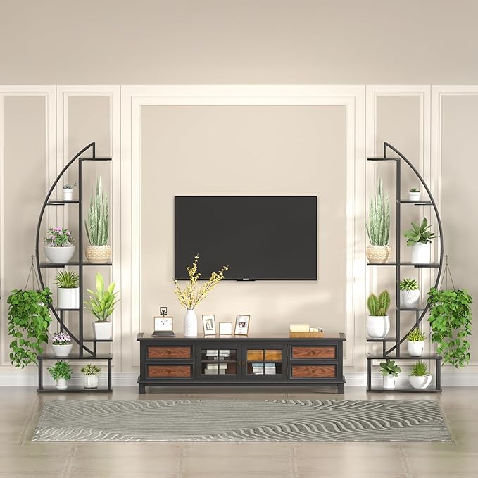 Plant Stand Shelf Rack Indoor with 6 Built in Grow Light, 7 Tiered 65" Tall Black Large Lighted Half Moon Curved Plant Stand for Indoor Growing, 2 Pack Arch Sturdy High Herb Flower Shelving