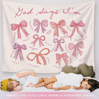 LIANGW Coquette Pink Bow Christian Tapestry Wall Hanging, Preppy Room Decor, God Says I am Christian Verse Wall Blanket Decor for Girls Room Dorm Apartment, 50x60 Inch