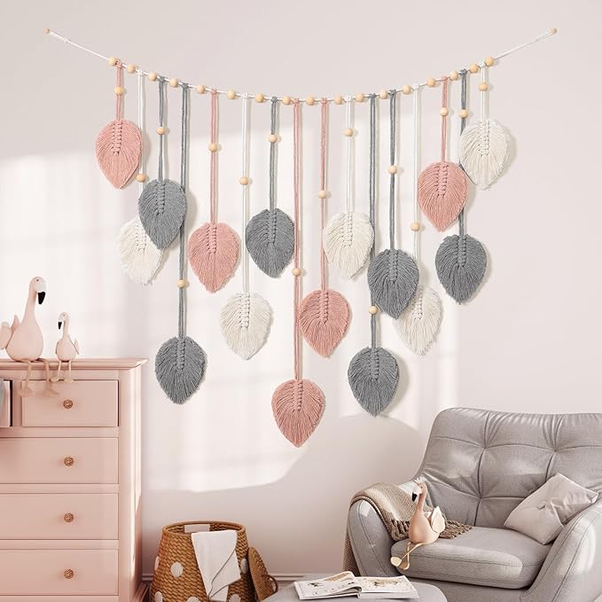 Betylifoy Macrame Wall Hanging Boho Leaves Tapestry Chic Bohemian Feather Wall Art Decor Handmade Yarn Woven Pink Leaf Tapestry Macrame Wall Decor for Bedroom Living Room Nursery Office Backdrop (Pink Gray)