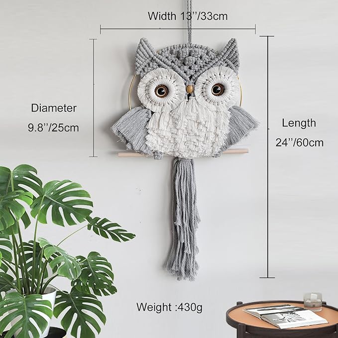 ACEDSGN Macrame Owl Wall Hanging Boho Hippy Decor, Handmade Tapestry Fiber Art Wall Decor for Nursery Bedroom Living Room, Sustainable Gift for Owl Lovers & Nature Fans