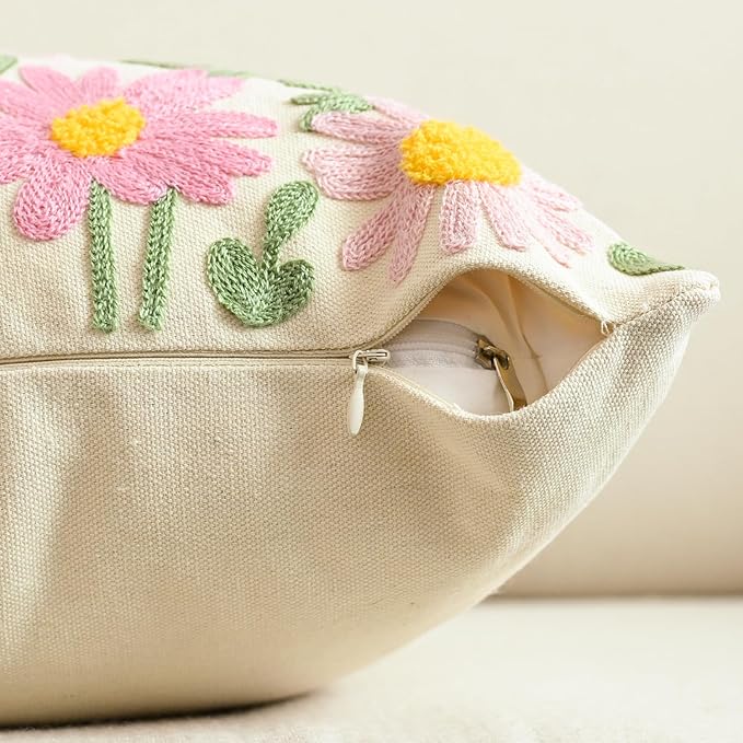 AVOIN colorlife Easter Spring Floral Embroidered Throw Pillow Covers, 18 x 18 Inch Butterfly Flowers Tufted Patterned Linen Decoration Cushion Case for Sofa Couch Set of 2