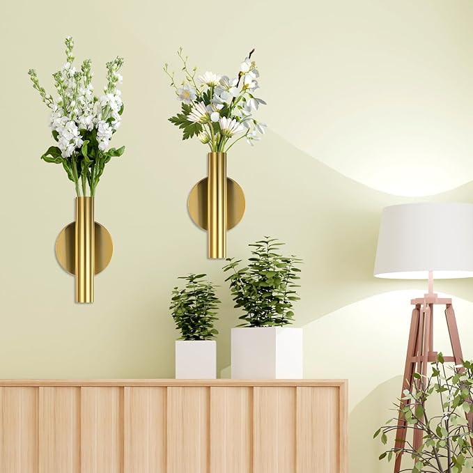 2 PCS Wall Vases for Flowers, Gold Flower Vase Metal Hanging Plant Holder Small Gold Vase Flowers Tube Wall Planter Hanging Vase for Modern Home Decor Display Dried Faux Flower Fake Flower