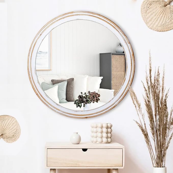 30" Farmhouse Wooden Round Mirrors for Wall Decor, Rustic Decorative Circle Mirror for Bathroom Over Sink, Entryway, Living Room, Vanity
