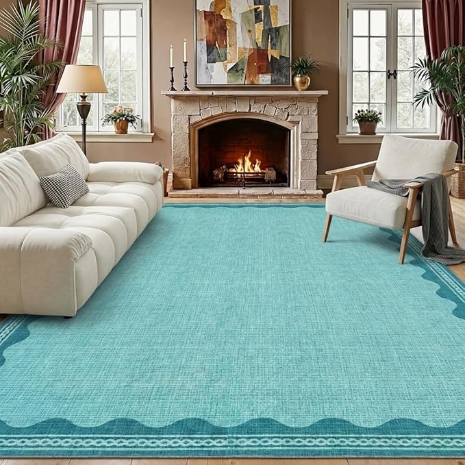 Scalloped Teal Washable Rugs 8x10 Rug for Living Room Solid Modern Minimalism Soft Low-Pile Carpet for Bedroom Dining Nursery Non Slip TPE Backing
