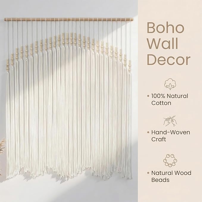 Betylifoy Macrame Wall Hanging Large Boho Wall Decor Beige Macrame Tapestry with Wooden Beads Cotton Rope Bohemian Handmade Woven Wall Art Decor for Bedroom Living Room Apartment Dorm Backdrop