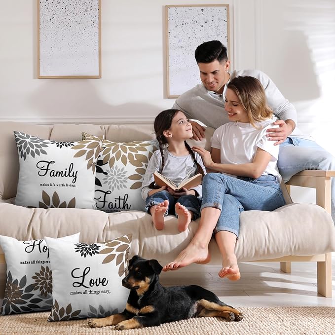 Tatuo 4 Pcs Flower Pillow Covers Square Spring Pillow Cushion Cases 18 x 18 Inch Family Faith Hope Love Words Decorative Summer Winter Cushion Case for Bed Couch Sofa Living Room(Brown Series)
