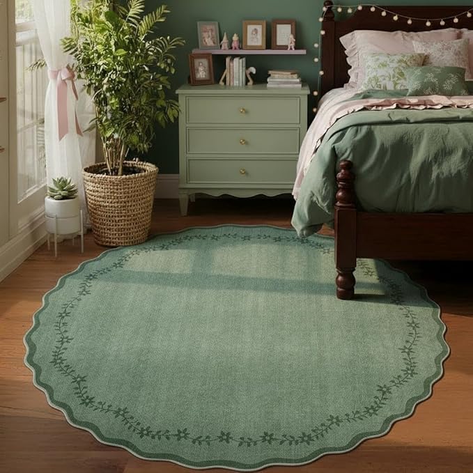 GarveeHome Round Area Rugs 4ft for Kids Room, Solid Dark Green Scalloped Washable Circle Rug Soft Non Slip Floral Print Floor Mat Carpet Indoor Thin Tent Rug for Bedroom Dining Room Playroom Nursery