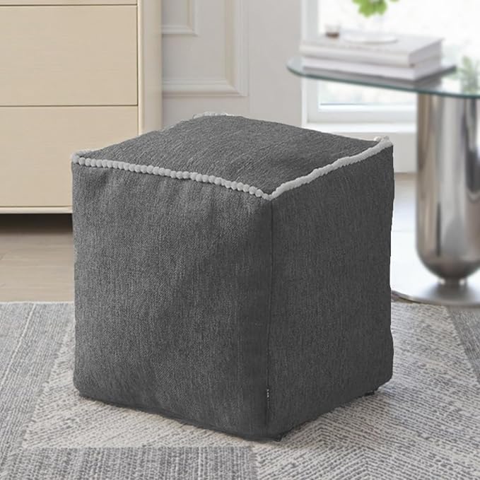 Louis Donné Unstuffed Storage Pouf Ottoman Cover - Square Cotton Linen Footstool Chair for Living Room Nursery, DIY Bean Bag for Stuffed Animal Storage, 18 x 18 Inch, Cover ONLY