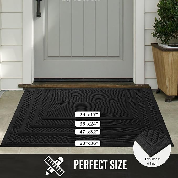 Sturdy Front Door Mat, Absorbent Muddy Dirt Resist Welcome Door Mats Outdoor Indoor, Stain and Fade Resistant, Non-Slip Backing Entry Mat Low Profile Doormat for Entryway, 60×36, Black