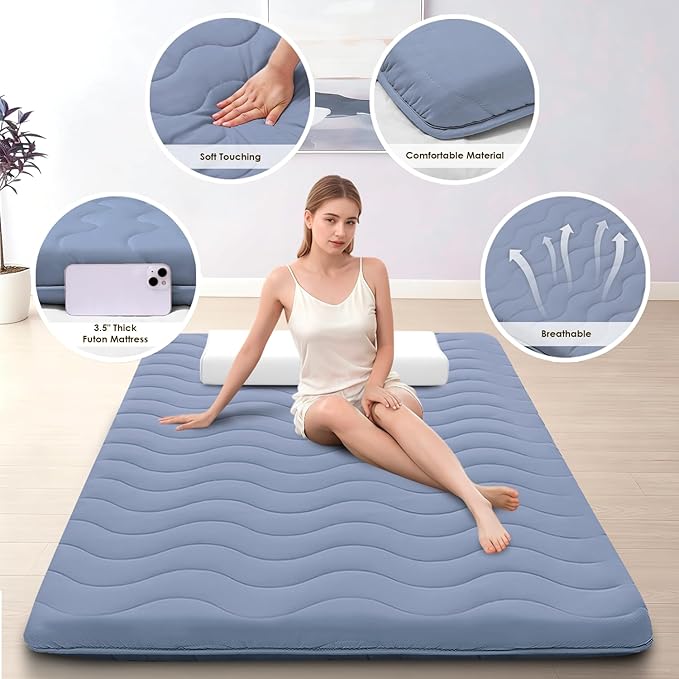 Japanese Floor Mattress, 100% High Density Comfortable Foam, 4" Thicken Foldable Mattress Tatami Mat Sleeping Pad, Ideal for Comfort and Support, Kids Floor Lounger Pillow Bed Sofa, Blue, Twin