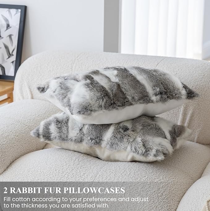 MOOX Rabbit Fur Throw Pillow Covers Decorative Fluffy Soft Fuzzy Plush Luxury Genuine Animal Skin Lumbar Pillow 12"x20" Cushion Cover, Couch-Grey White