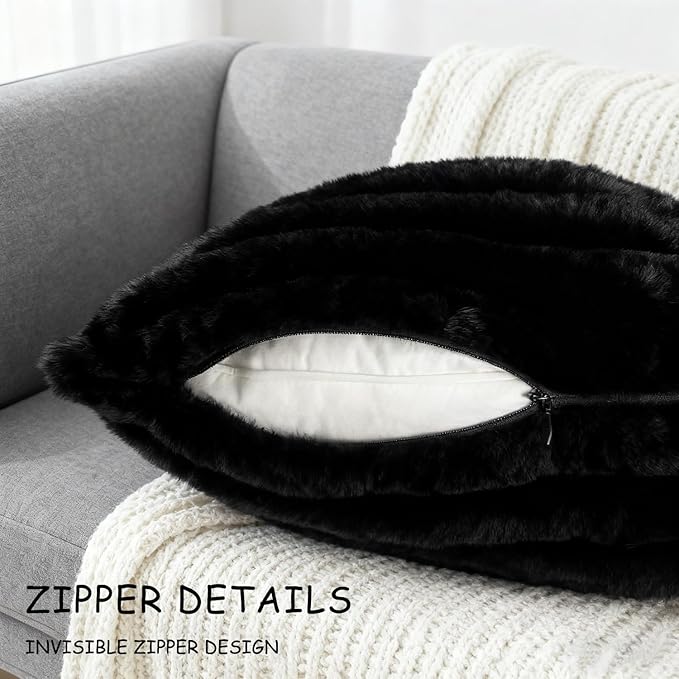 2 Pack 22x22 Double-Sided Faux Fur Pillow Covers, Plush Throw Pillow Covers for Living Room Decorations Throw Pillow Case, Throw Pillow Cover Cushion Cover for Home Sofa Car, Black