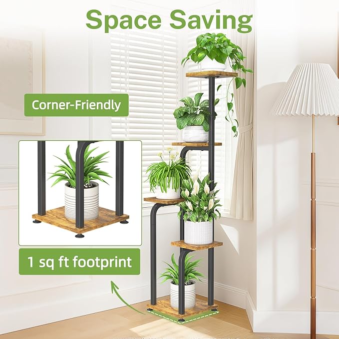 iDavosic.ly Tall Plant Stand Indoor, 4 Tier Corner Multiple Flower Holder Shelf with Wooden Trays, Space Saving Display Rack for Living Room Balcony Patio Porch Outdoor | Black & Brown