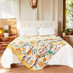 Boho Throw Blanket for Bed, 100% Organic Cotton Breathable Ultra Soft 50" x 60" Quilt Beige Throw - All Season Floral Farmhouse Decor Luxury Reversible Blanket for Sofa Couch Chair and Gift