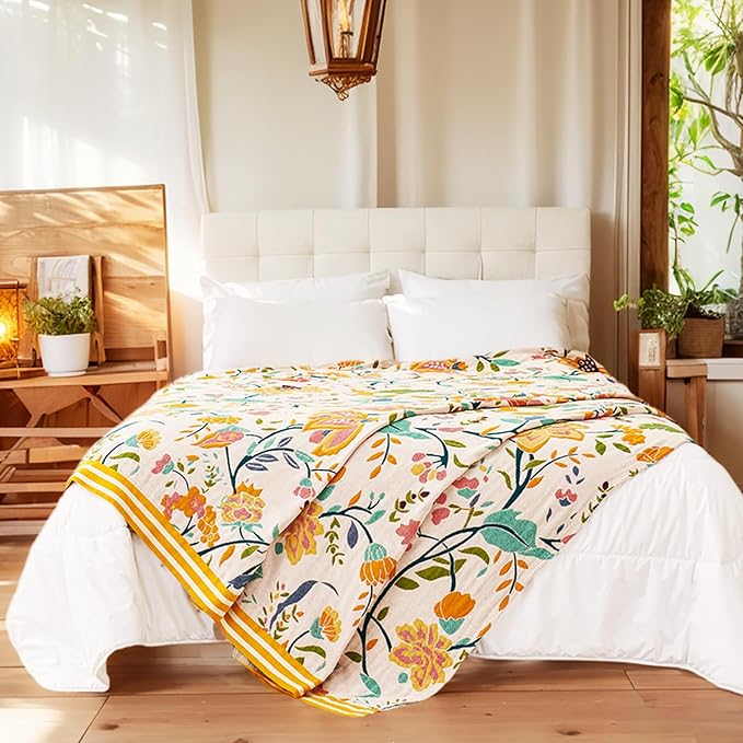 Boho Throw Blanket for Bed, 100% Organic Cotton Breathable Ultra Soft 60" x 80" Quilt Throw - All Season Floral Rustic Farmhouse Decor Luxury Reversible Blanket for Sofa Couch Chair and Gift