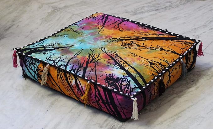ICC Large Square Cotton Mandala Cushion Cover Hippie Ottoman Pouf Cover Daybed Floor Pillow Cover with Heavy Duty Zipper Seating Ottoman Poufs Dog-Pets Bed (Multi Forest, 18" Square)
