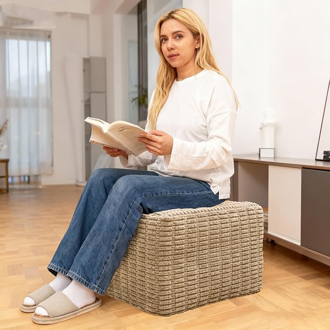 Asuprui Round Square Pouf Ottoman Foot Rest – Lightweight Modern Footstool with Plush Foam Filling, Perfect for Living Room Decor & Cozy Comfort – 20x20x14 Inch Chic Accent Piece (Light Coffee)