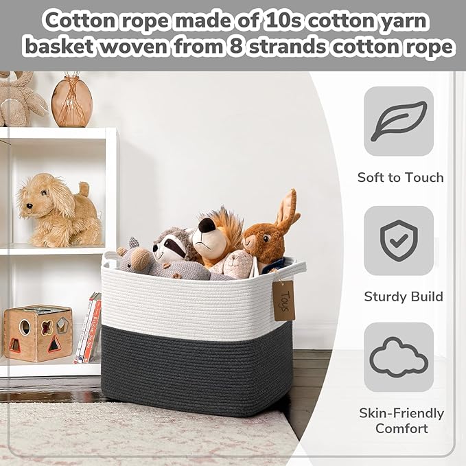 Goodpick Woven Storage Baskets for Organizing, 18" x 14" x 12" Baby Laundry Blanket Toy Basket for Living Room, Rectangle Cotton Rope Baskets with Handles, Dark Gray