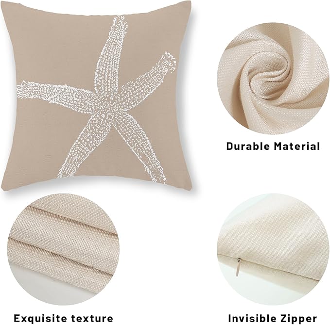 Coastal Pillow Covers 16x16 Inch Set of 2 Brown Tan Coral Starfish Throw Pillows Summer Nautical Beach Ocean Decorations Linen Pillowcase Outdoor Decor Farmhouse Cushion Case for Home Bedroom