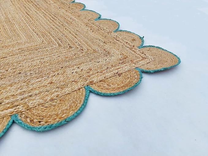 Weaving Cottage Scalloped Natural Jute Area Rug | Beige & Sky Blue, 2X3 FT Handwoven Jute Doormat | Eco-Friendly, Durable, and Stylish | Perfect for Living Room, Bedroom, and Entryway