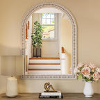 Boho Mirror for Wall, 22" x 30" Farmhouse Arched Rustic Wooden Frame Mirror with Beaded, Arch Decorative Wall Mirrors for Bathroom, Vanity, Living Room, Entryway