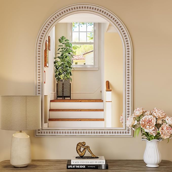 Boho Mirror for Wall, 22" x 30" Farmhouse Arched Rustic Wooden Frame Mirror with Beaded, Arch Decorative Wall Mirrors for Bathroom, Vanity, Living Room, Entryway