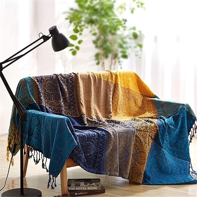 Bohemian Throw Blanket for Couch，Colorful Chenille Tassels Boho Woven Hippie Bed Blankets for Couch Sofa Chair Recliner Loveseat, Bohemian Fringe Tassels Decor Home (60" x 76")