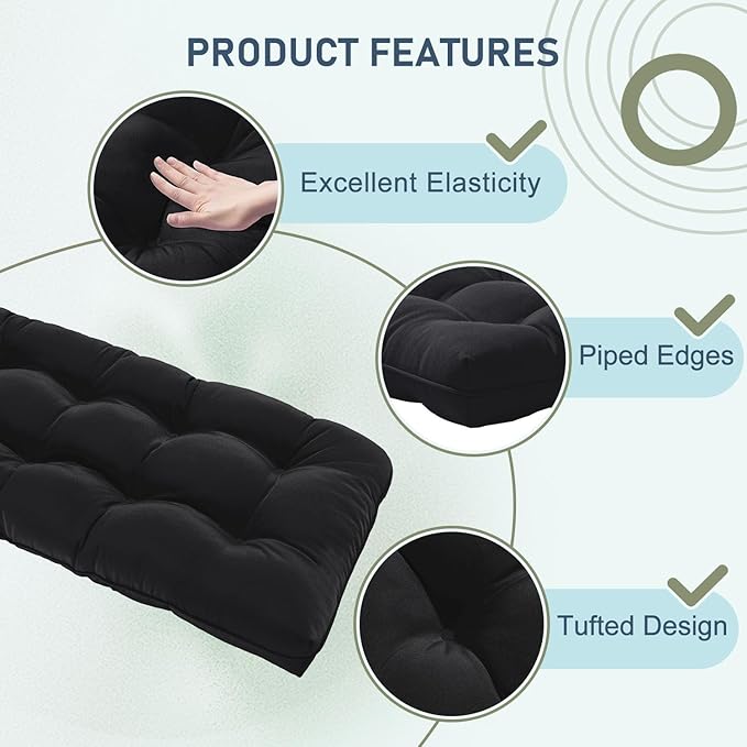 downluxe Outdoor Bench Cushion for Patio Furniture, Water Resistant Tufted Overstuffed Porch Swing Cushions, Thick Outdoor Loveseat Cushions, 48" X 18" X 5", Black, Set of 1
