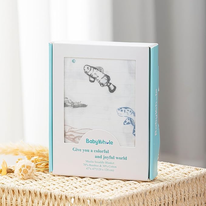 BabyWhale Muslin Swaddle Blanket with Hat and Headband Bow, Marine Animals Pattern Swaddle Set for Baby Boys ＆ Girls, Unisex Newborn Soft Receiving Swaddle Wrap, 47x47 inches