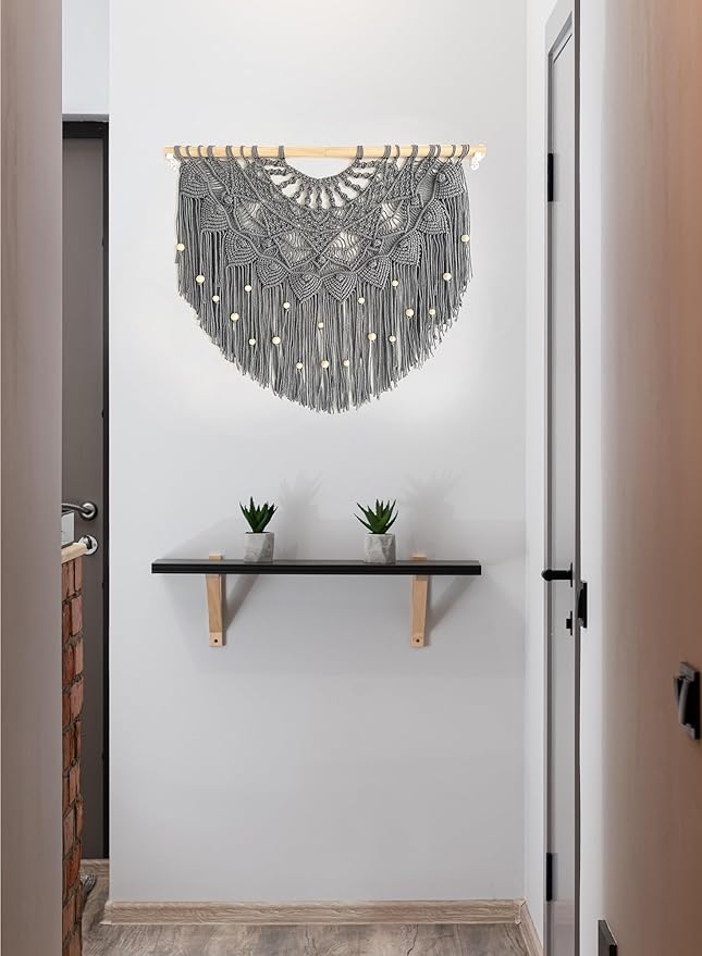 Youngeast Large Macrame Wall Hanging Boho Beaded Curtain for Window Macrame Bedroom Headboard Living Room Wall Art Tassel Tapestry Bohemian Woven Wall Decor 31" W X 25" H (Grey)