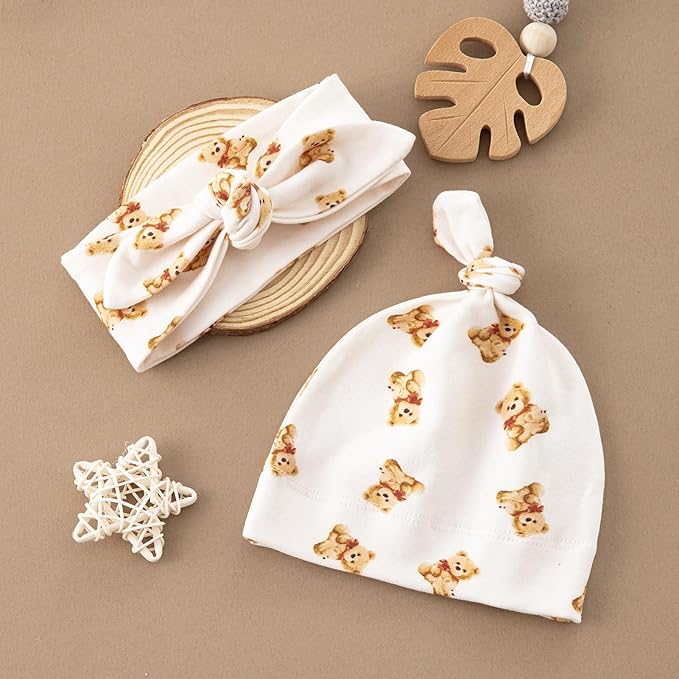 BabyWhale Muslin Swaddle Blanket with Hat and Headband Bow, Bear Pattern Swaddle Set for Baby Boys ＆ Girls, Newborn Breathable Receiving Blanket Wrap, Large 47x47 inches