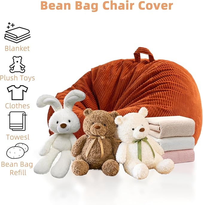 Stuffed Animal Storage Bean Bag Chair Cover, Cover Only (No Filler), Corduroy Toy Organizer Floor Cushion Seat, 48 in/120 cm Slipcover for Teens & Adults, Pink