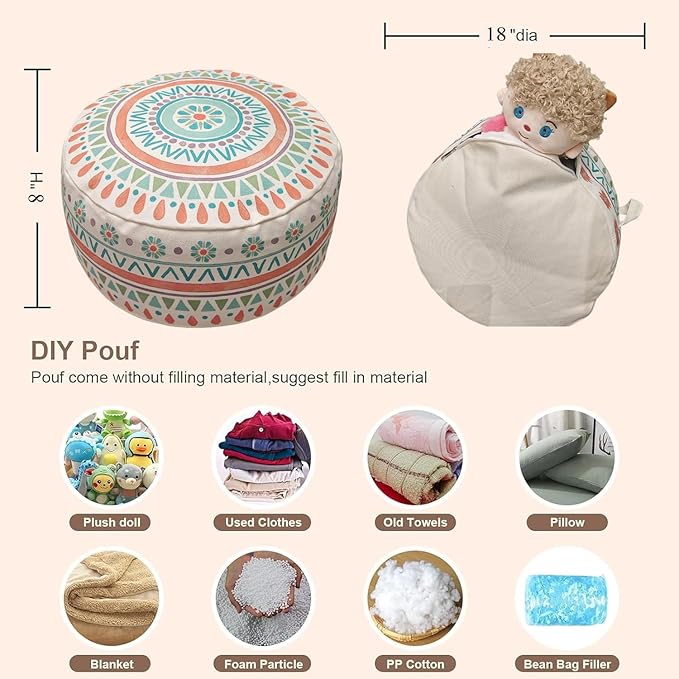 MOCOFO Round Bohemian Ottoman Pouf Cover, 18 Inch, Cotton Blend, Church Window Print, Living Room Storage Footrest, Cover Only (Pink Ink)
